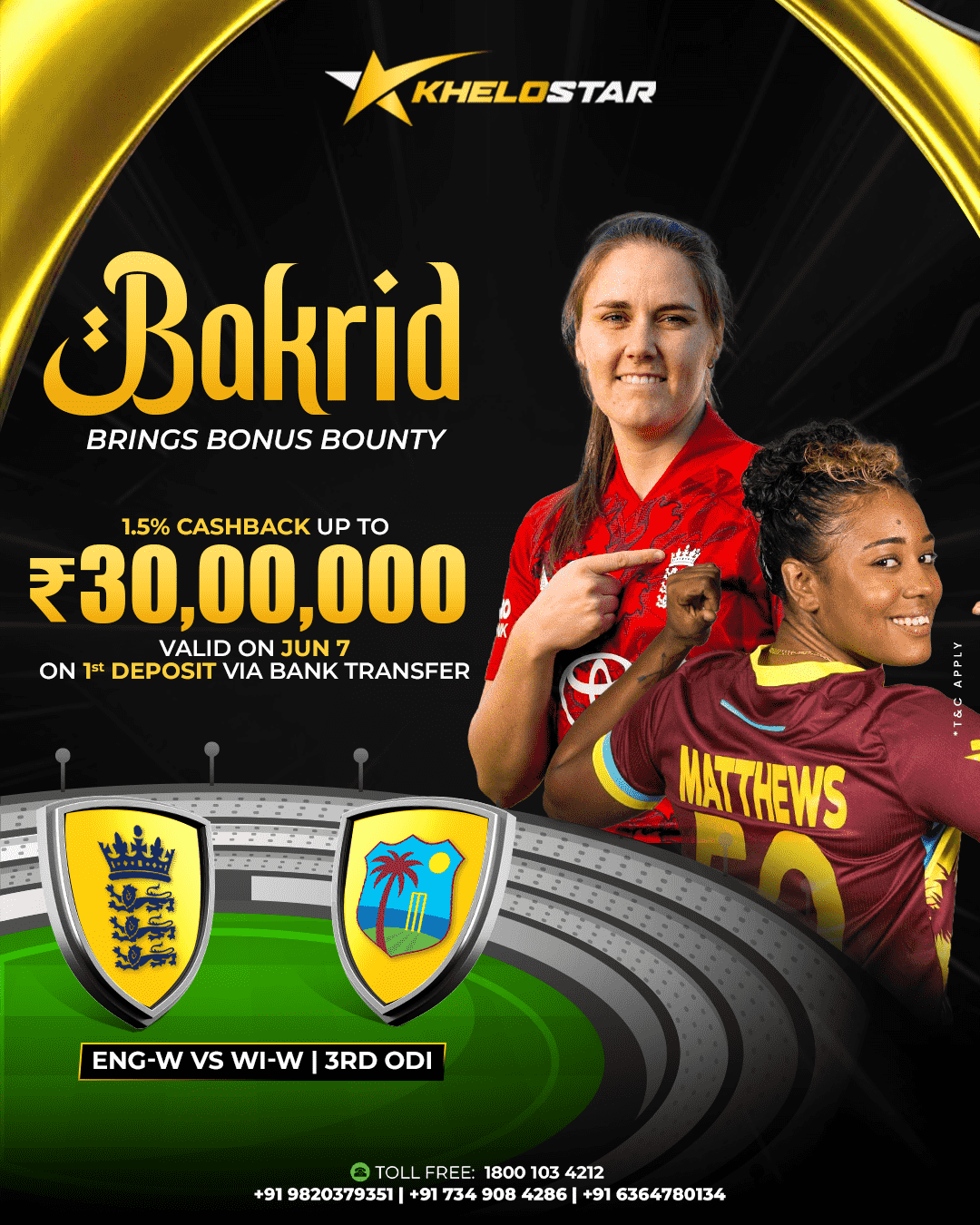 Khelostar Update: Eng vs WI 3rd T20I Bakrid Offer