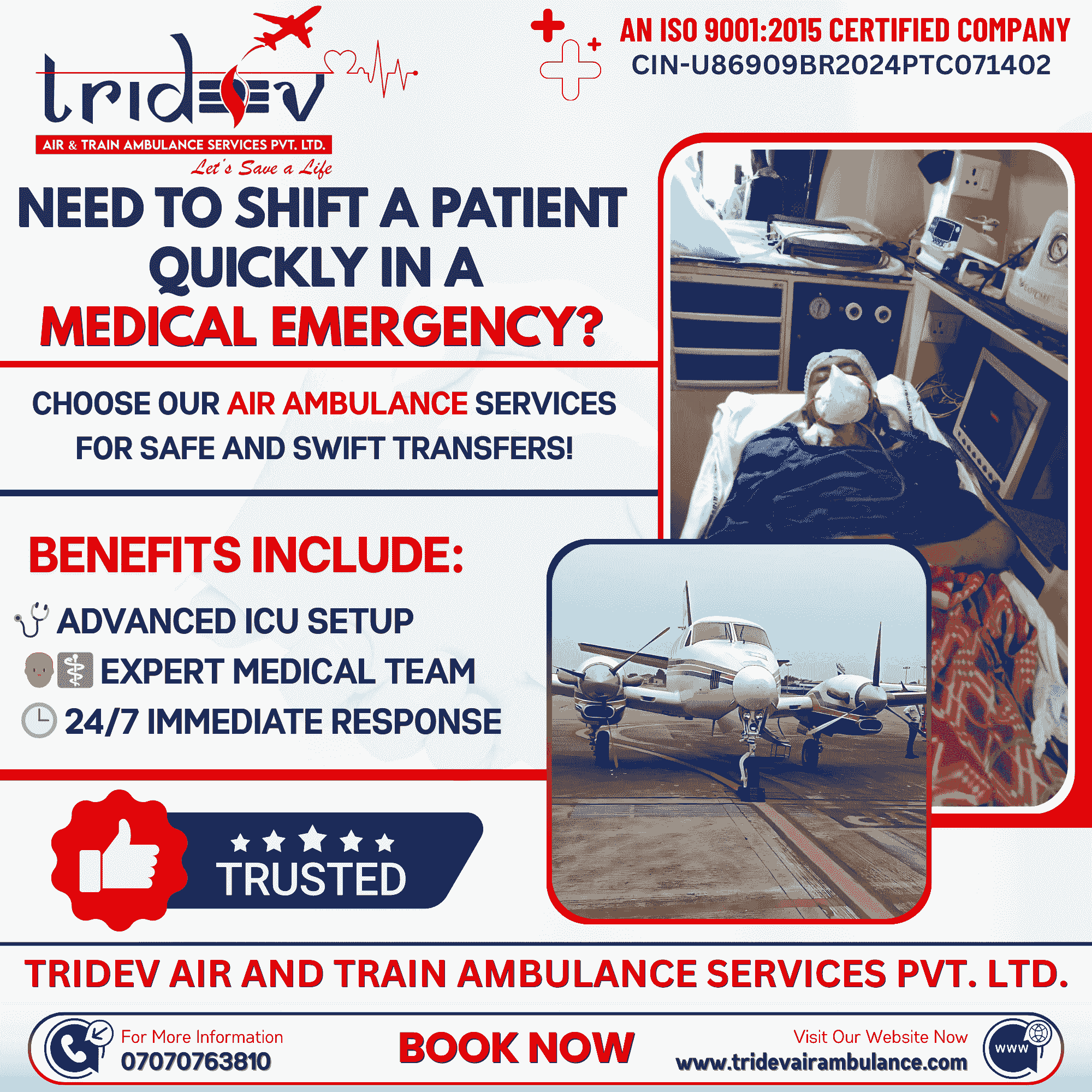 Call To Get Tridev Air Ambulance Services In Guwahati For Featured Evacuation