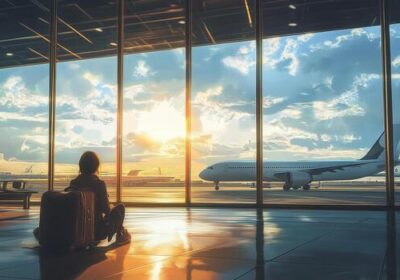 a-traveler-waits-in-an-airport-lounge-as-the-sunset-casts-a-warm-glow-over-the-runway-and-aircraft-photo