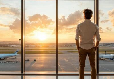 traveler-standing-near-lounge-window-admiring-beautiful-sunset-over-airport-free-photo