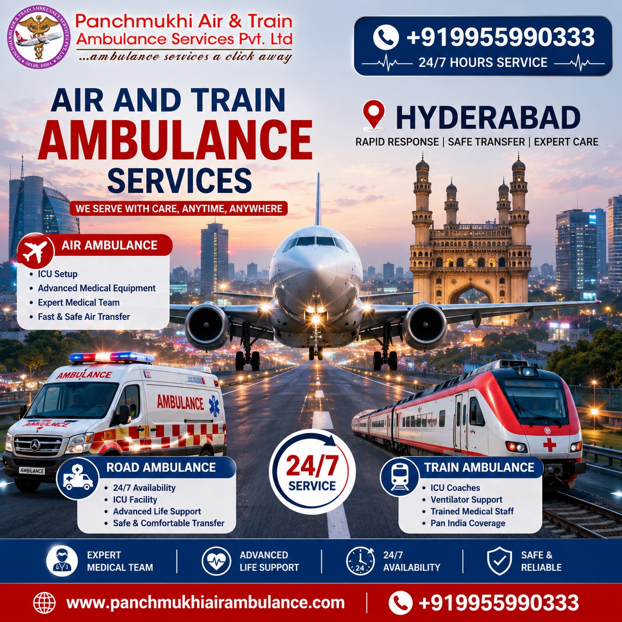 Panchmukhi ICU Air and Train Ambulance in Hyderabad- Safe and Comfortable Medical Transfer
